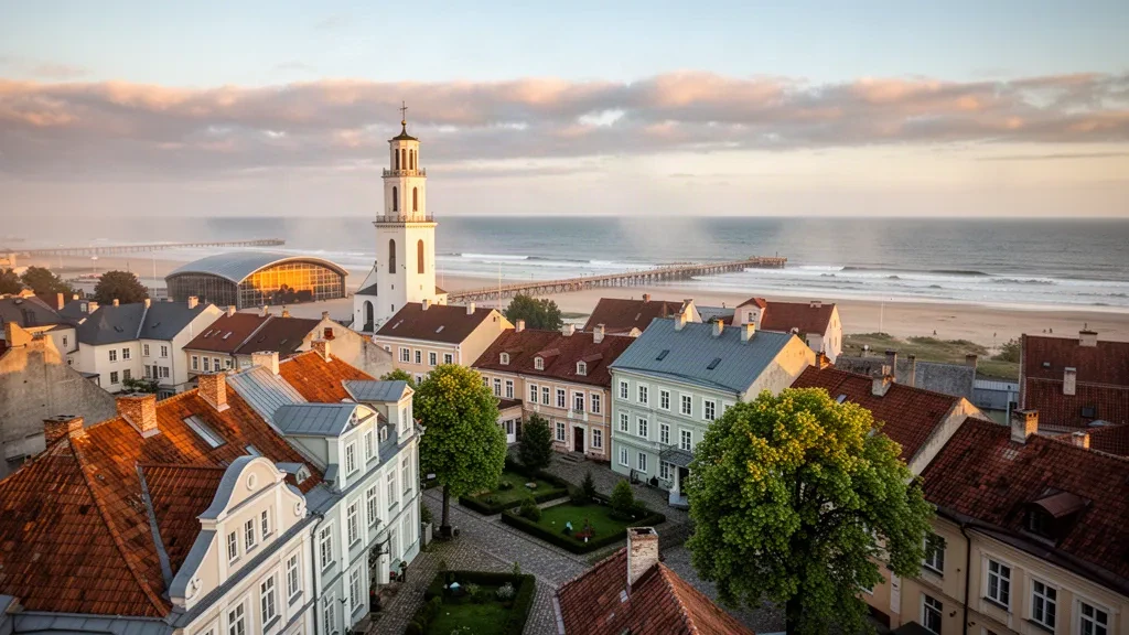 Liepāja'nın tarihi eski kent çatılarının, katedral kulesinin ve Letonya'daki Baltık Denizi kıyı şeridinin altın saatlerdeki görünümü