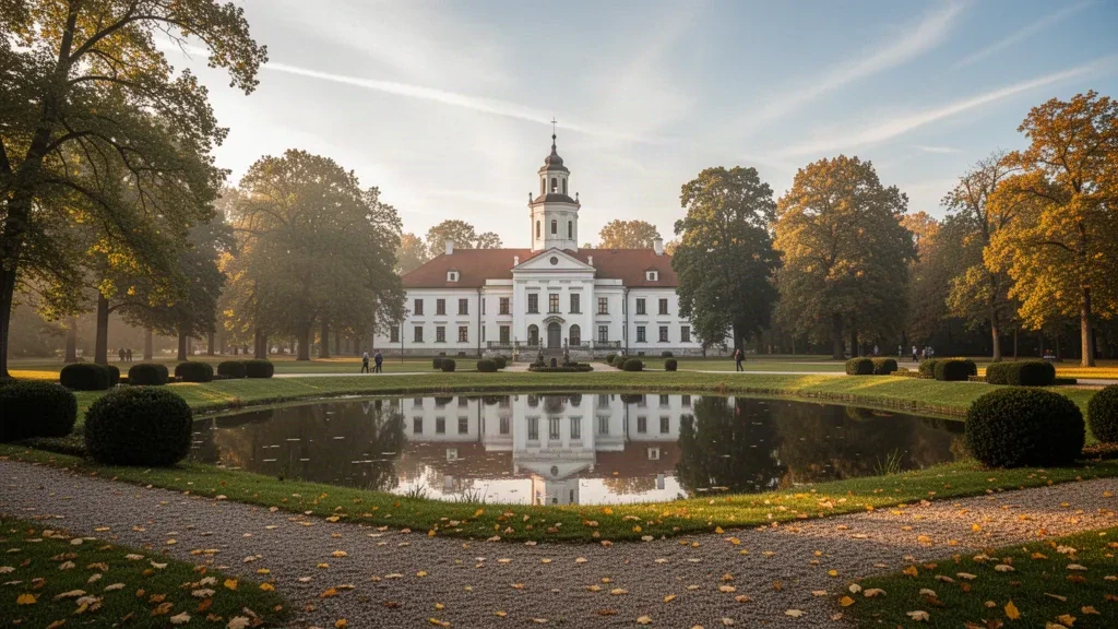 Manoir de Mārupe reflété dans un étang entouré d'arbres de parc automnaux à Mārupe, en Lettonie, près de Riga