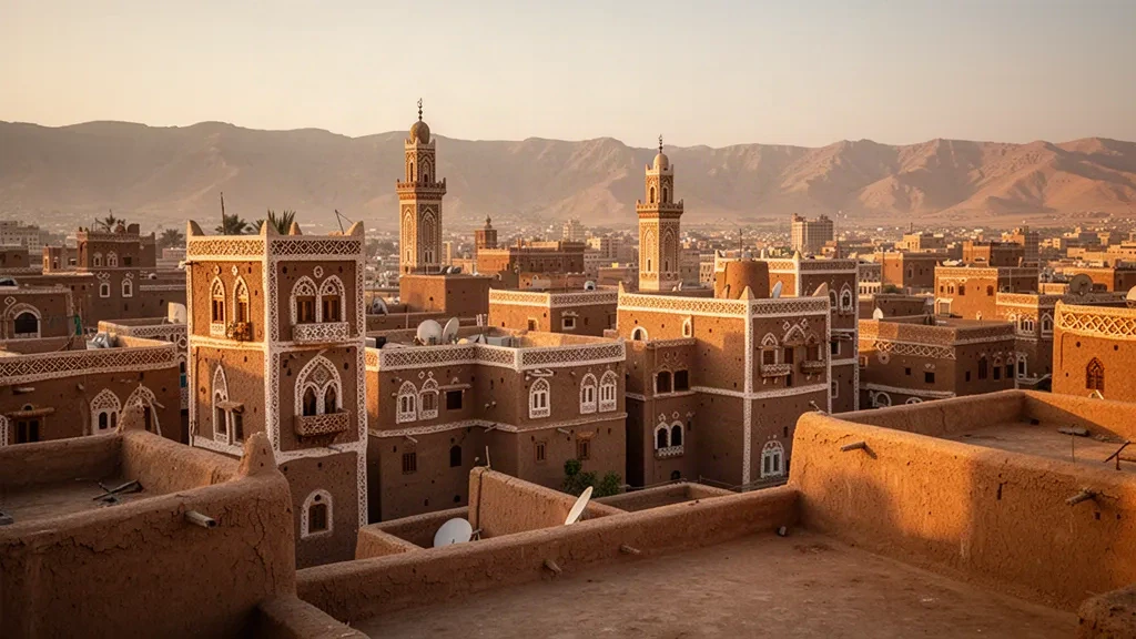Old City of Sana'a, Yemen, with traditional mud-brick tower houses and minarets glowing at golden hour