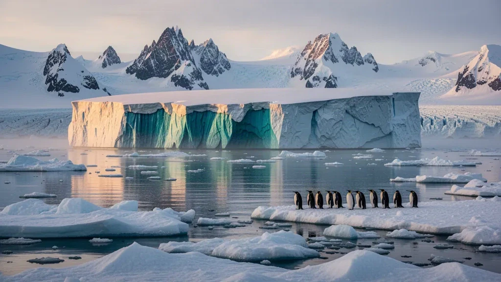 Icebergs tabulaires et manchots empereurs sur la banquise sous des sommets enneigés en Antarctique