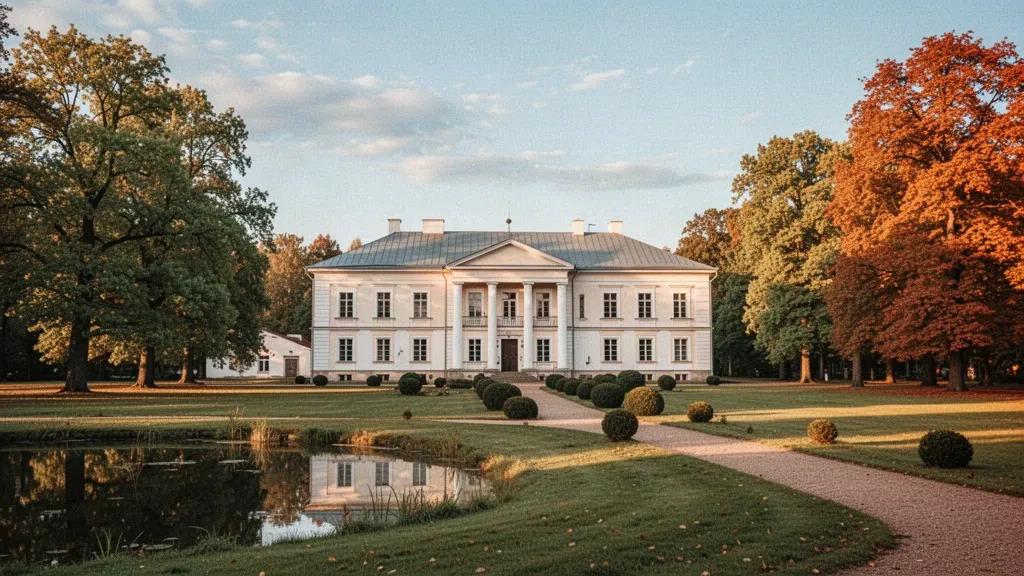 Palacio de la Mansión de Varakļāni en Letonia, un edificio clasicista color crema con pórtico de columnas enmarcado por árboles dorados del parque otoñal