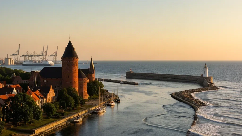 Ventspils old town, castle tower and Venta River mouth meeting the Baltic Sea breakwater at golden hour in Latvia