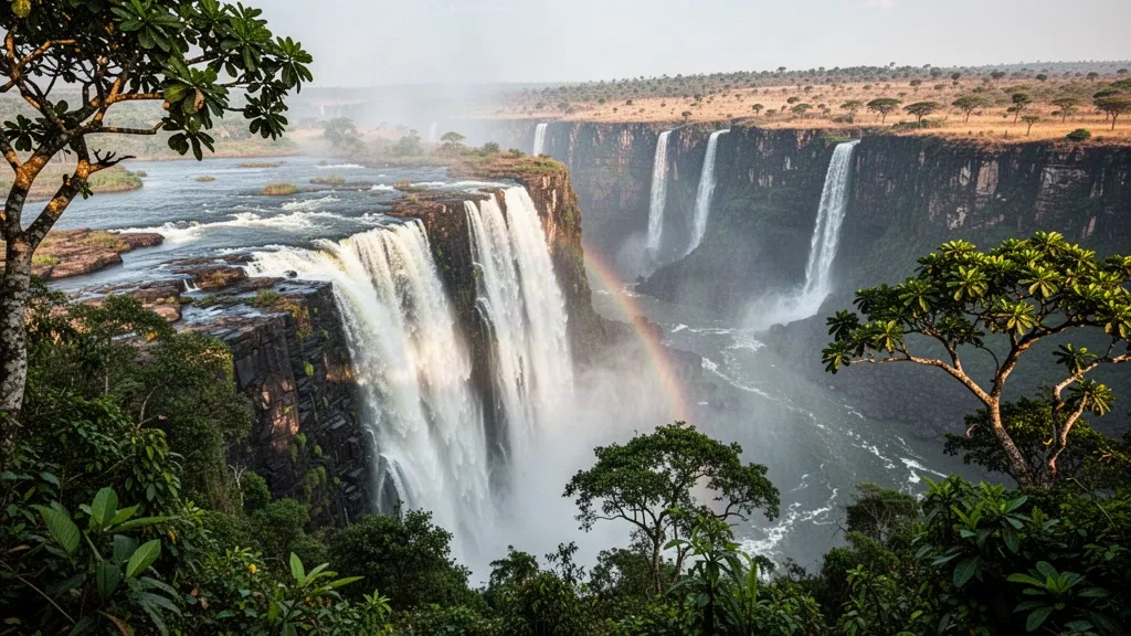 Victoria Falls on the Zambezi River in Zambia with thundering water, rising mist, rainbow and lush rainforest cliffs