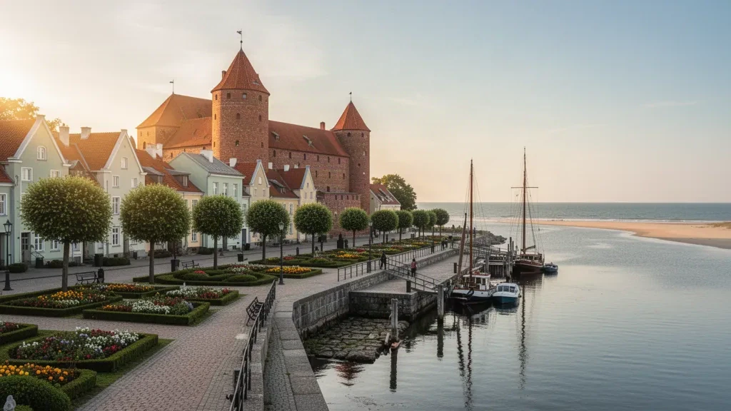 Letonya'da Ventspils Kalesi ve Venta Nehri promenadı, altın saatte, bir Baltık kıyısı eski kasaba seyahat sahnesi