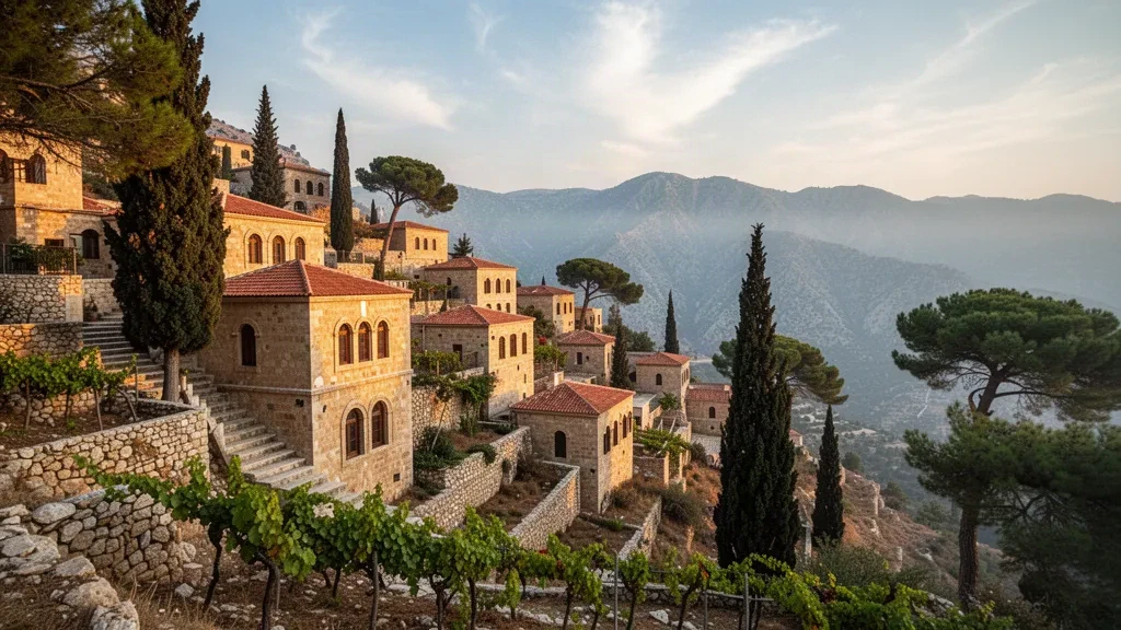 Steinhäuser und Zypressen an terrassierten Hängen eines historischen Bergdorfs im Chouf in Mount Lebanon zur goldenen Stunde