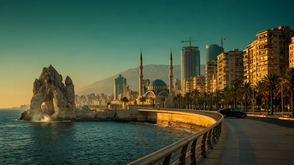 La Corniche de Beirut a la hora dorada con las Rocas de las Palomas, el paseo marítimo bordeado de palmeras, el mar Mediterráneo y el horizonte urbano a lo largo de la costa libanesa.