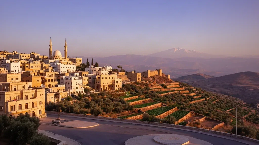 Golden-hour view over Nabatieh, Lebanon, with hillside stone buildings, minarets and the Jabal Amel hills stretching toward the horizon
