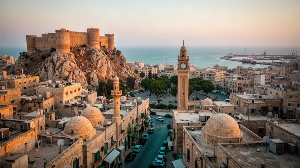 Golden-hour view over Tripoli in North Lebanon, with the Crusader citadel and Mamluk minarets rising above the old city