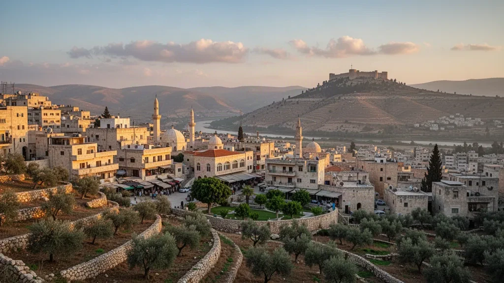 Nabatieh, Lübnan üzerinde altın saat manzarası; taş çatılar, minareler ve Litani vadisi üzerindeki tepede Beaufort Kalesi.