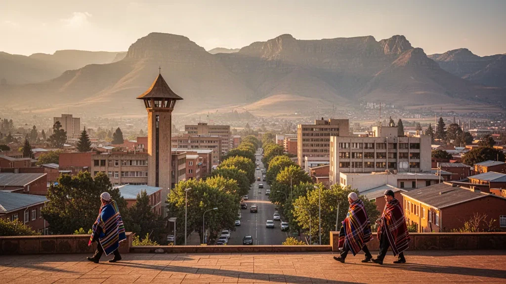 Maseru city skyline with the hat-shaped tower and the Maloti Mountains at golden hour in Lesotho