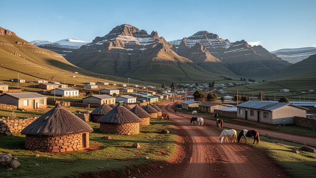 Scenic view of Mokhotlong, Lesotho, featuring traditional Basotho huts and the rugged Maloti Mountains under a clear sky.