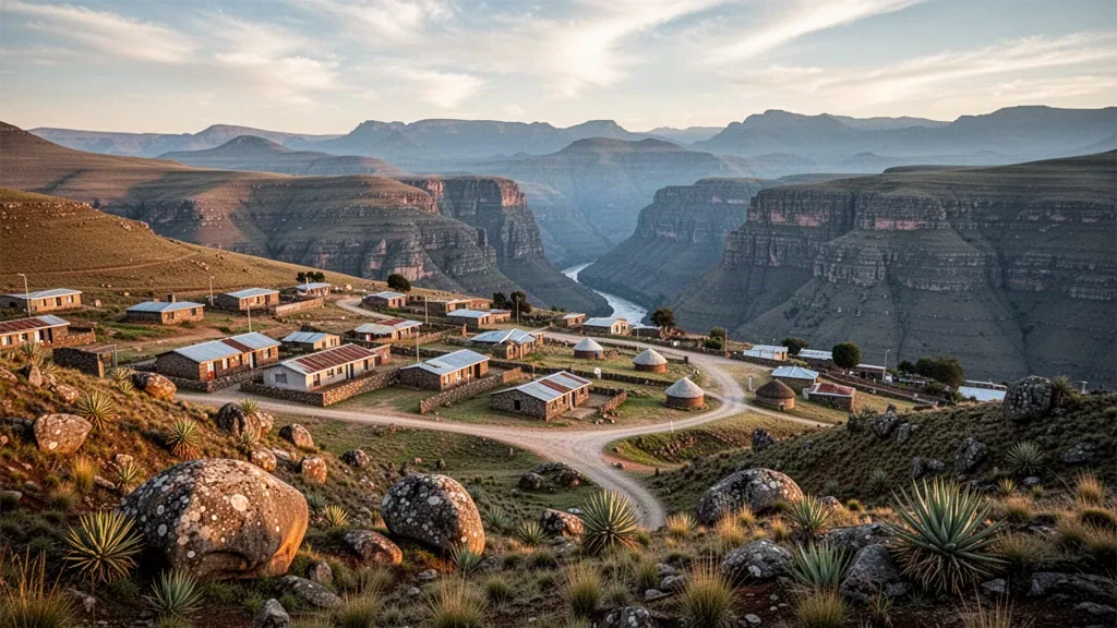 Vue élevée au coucher du soleil sur Qacha's Nek, au Lesotho, avec des maisons aux toits de tôle sur un plateau des hautes terres au-dessus des gorges de la Senqu