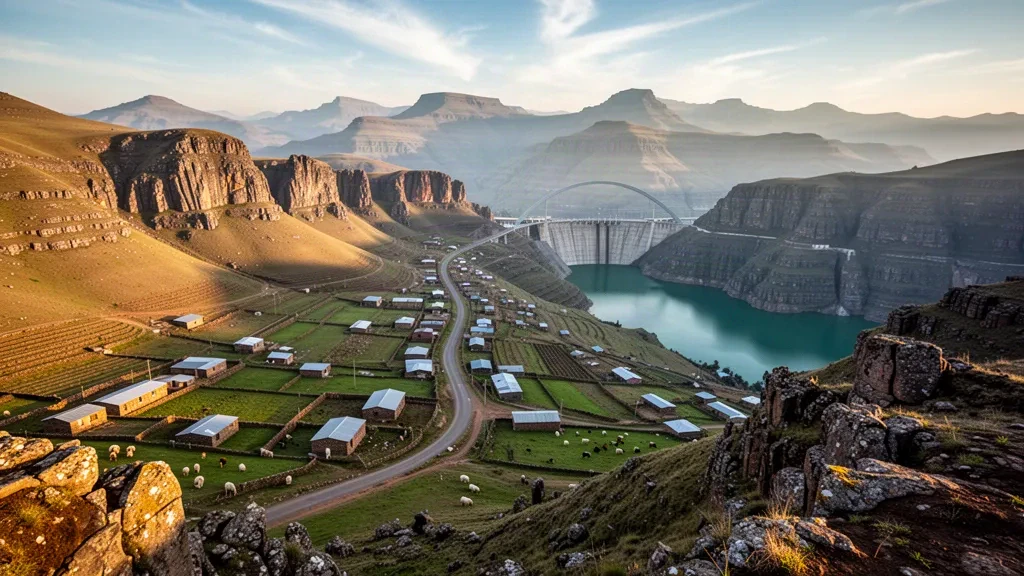 Lesotho'da Katse Barajı ve Maloti Dağları ile altın saatlerde Thaba-Tseka yayla kasabası