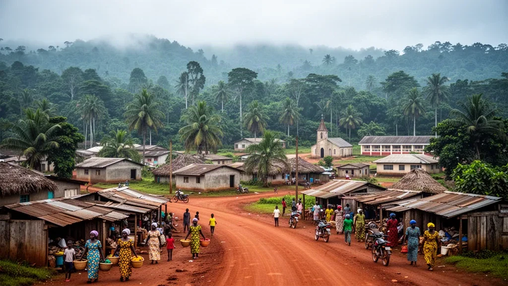 Die Stadt Bopolu im Gbarpolu County, Liberia, mit roter Lehmpiste, Marktständen und üppigen Regenwaldhügeln.