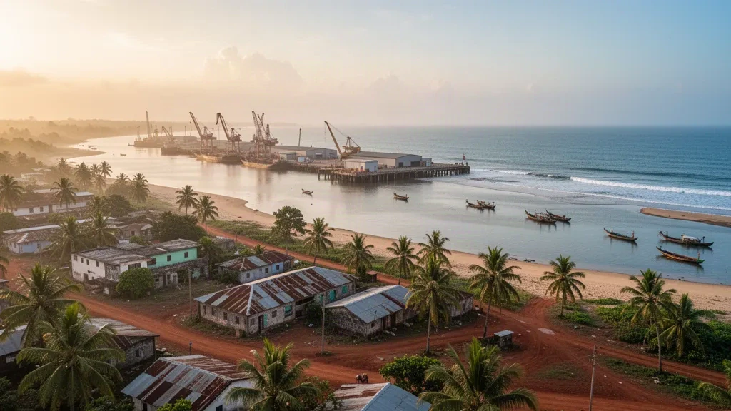 Vue de la ville côtière de Buchanan, comté de Grand Bassa, Liberia, avec l'estuaire du fleuve Saint John et le port dans une lumière chaude de fin de journée