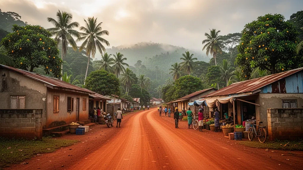 Lateritstraße durch Zwedru im Grand Gedeh County, Liberia, mit Häusern mit Blechdächern und dichtem tropischem Regenwald rund um die Stadt.