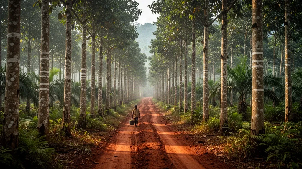 Rows of rubber trees beside a red laterite track on a plantation in Margibi County, Liberia, under soft tropical morning light
