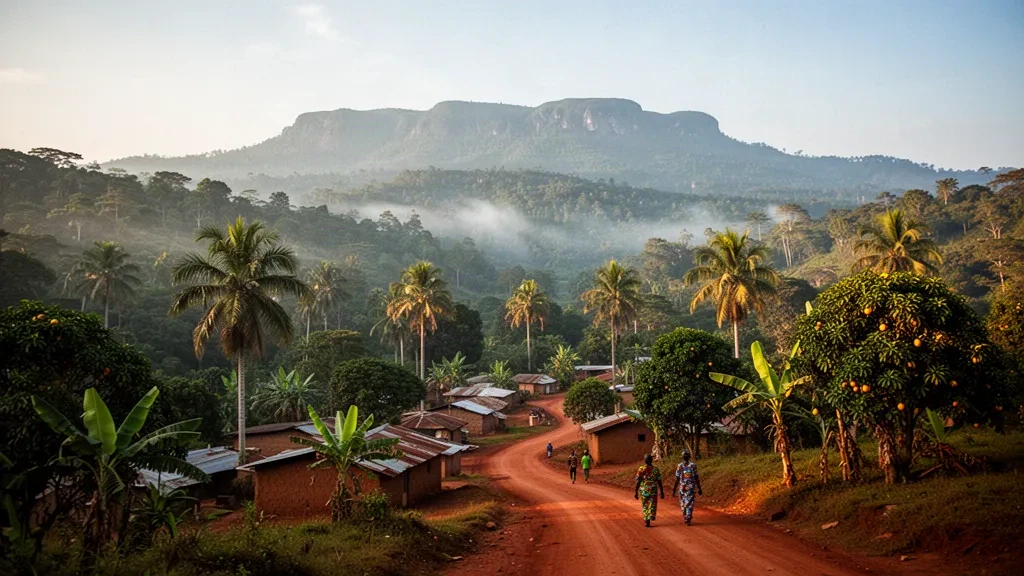 Collines de forêt tropicale ondulantes et route de terre rouge près de Voinjama dans le comté de Lofa, au nord du Liberia, au lever du soleil