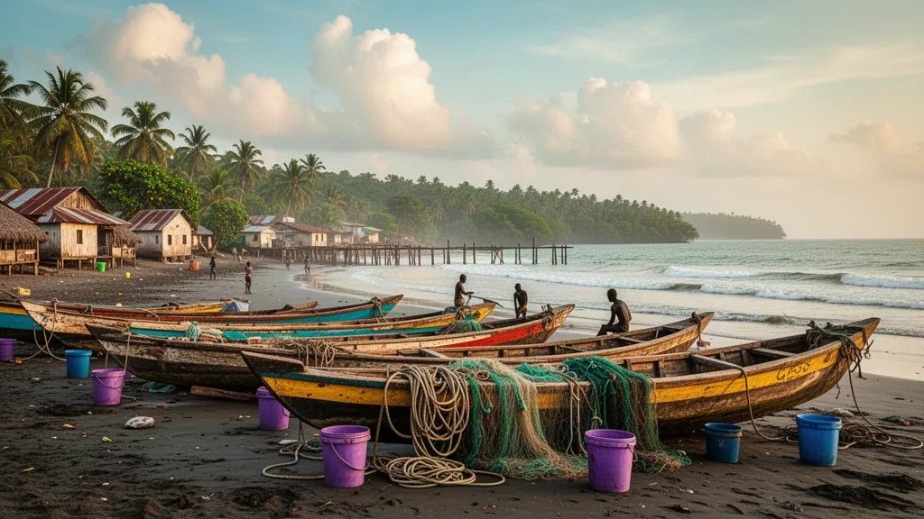 Fishing canoes on the Atlantic beach at River Cess, Liberia, with palm trees and zinc-roofed coastal buildings in warm afternoon light
