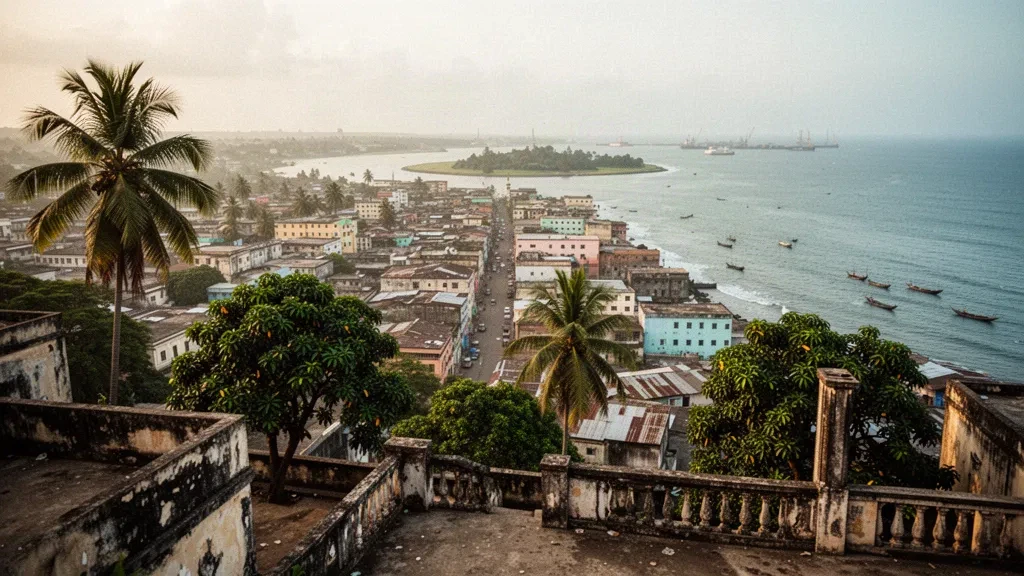Veduta all'ora d'oro su Monrovia, Contea di Montserrado, Liberia, con i tetti della città, Providence Island e la costa atlantica