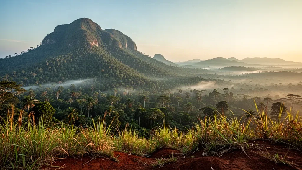 Crêtes de forêt tropicale luxuriante et vallées brumeuses sous le mont Nimba dans le comté de Nimba, au Liberia, éclairées par la lumière de l'heure dorée