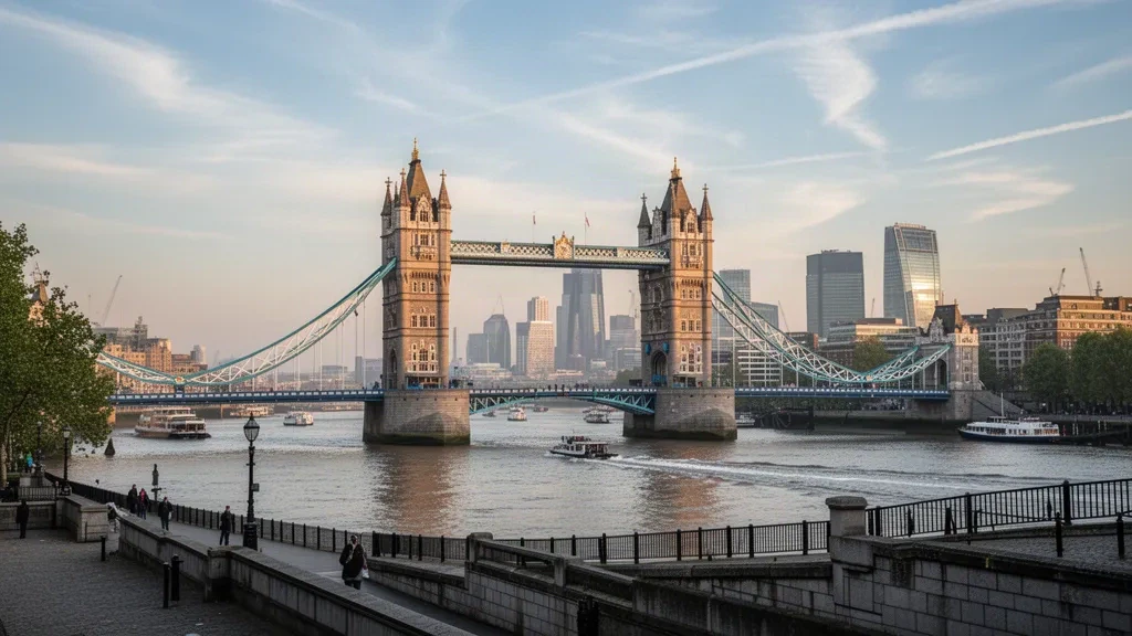 Tower Bridge enjambant la Tamise avec les gratte-ciel de la City de Londres en arrière-plan dans une chaude lumière de fin d'après-midi, une vue classique du Royaume-Uni