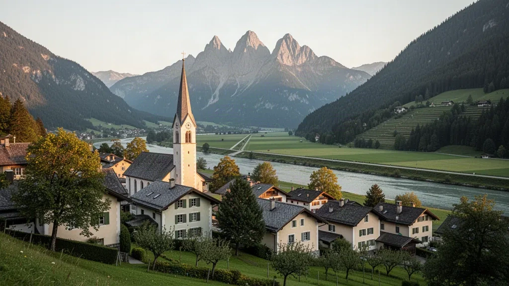Elevated view of Triesen in Liechtenstein with its church spire, slate-roofed houses and the Drei Schwestern mountains above the Rhine valley
