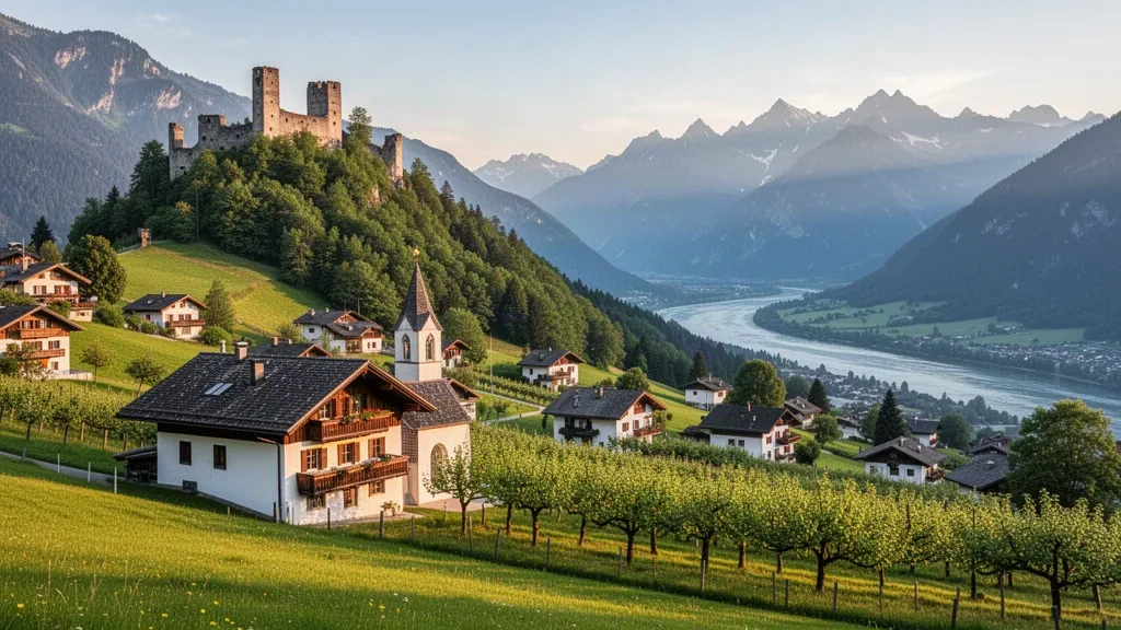 Casas del pueblo de Schellenberg y ruinas de un castillo medieval en la boscosa cresta del Eschnerberg sobre el valle del Rin de Liechtenstein
