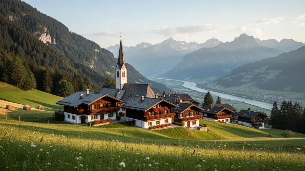 Alpine Walser village of Triesenberg in Liechtenstein with its church spire above green meadows overlooking the Rhine valley