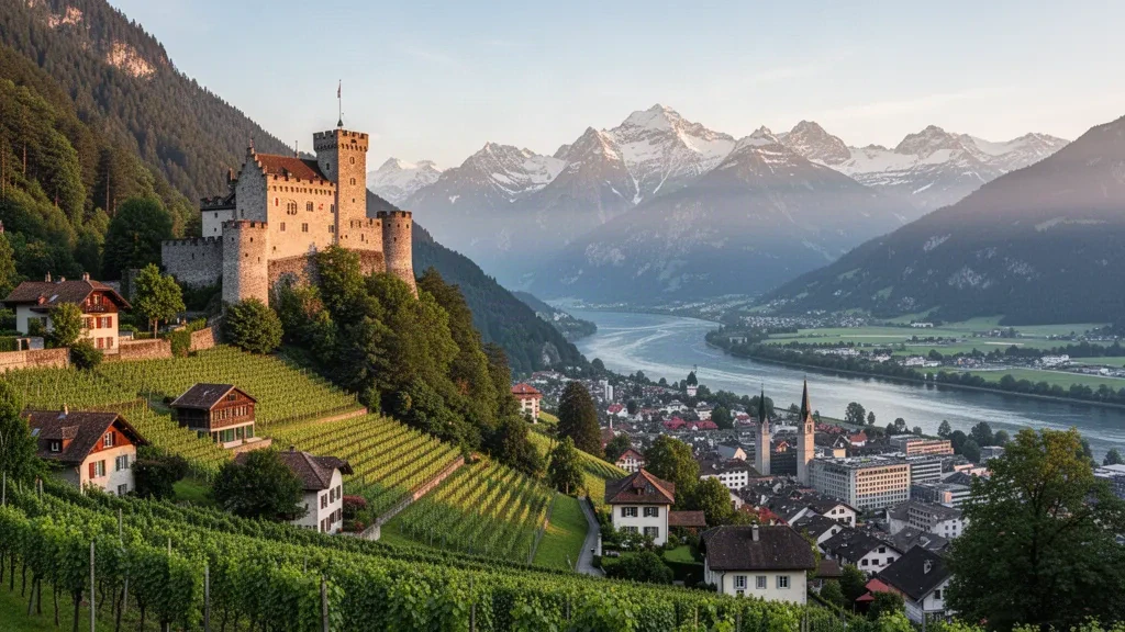 Vaduz Castle above the Liechtenstein capital, with alpine slopes, vineyards and the Rhine valley under warm afternoon light
