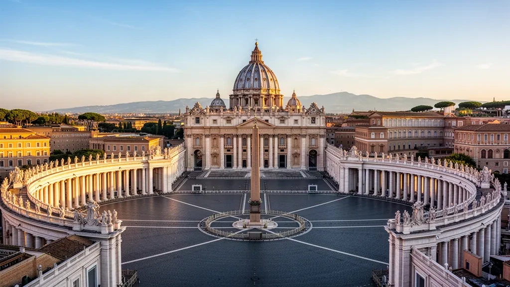 Plaza de San Pedro y columnata de Bernini con la cúpula de la basílica en la Ciudad del Vaticano bajo una cálida luz de finales de la tarde