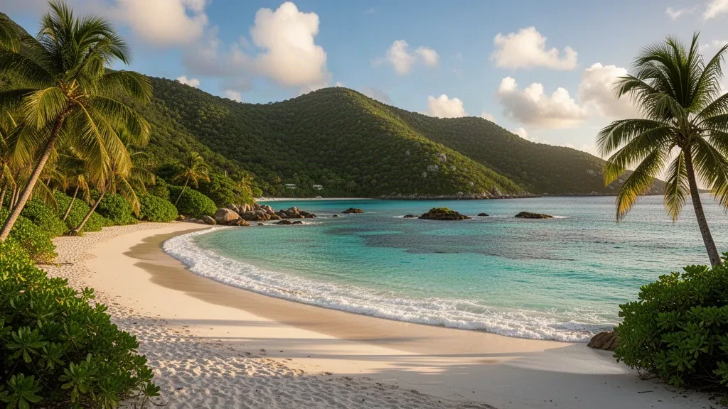 Türkisfarbenes Wasser und weißer Sand erstrecken sich entlang der Trunk Bay im Virgin-Islands-Nationalpark, St. John, Amerikanische Jungferninseln