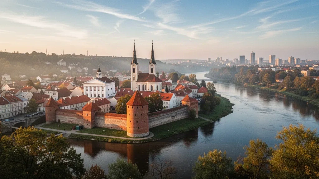 Golden-hour view of Kaunas Old Town, Lithuania, with Kaunas Castle, cathedral spires and the Nemunas river