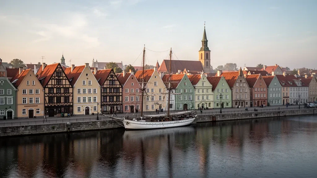 Frente marítimo del casco antiguo de Klaipėda en el río Danė con un alto velero y casas históricas de comerciantes en Lituania