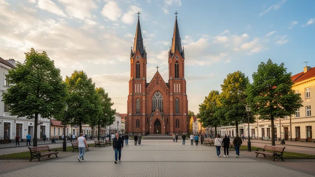 Cattedrale di Panevėžys e Piazza della Libertà a Panevėžys, Lituania, durante l'ora d'oro con pedoni che passeggiano.