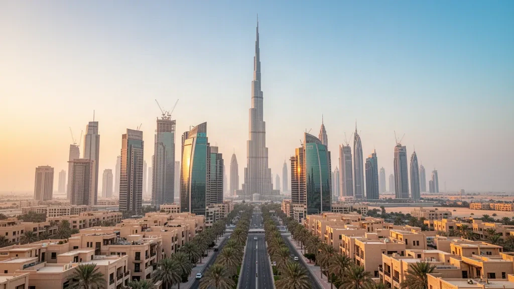 Panorama du centre-ville de Dubaï à l'heure dorée avec le Burj Khalifa s'élevant au-dessus de tours embrumées et de boulevards bordés de palmiers aux Émirats arabes unis