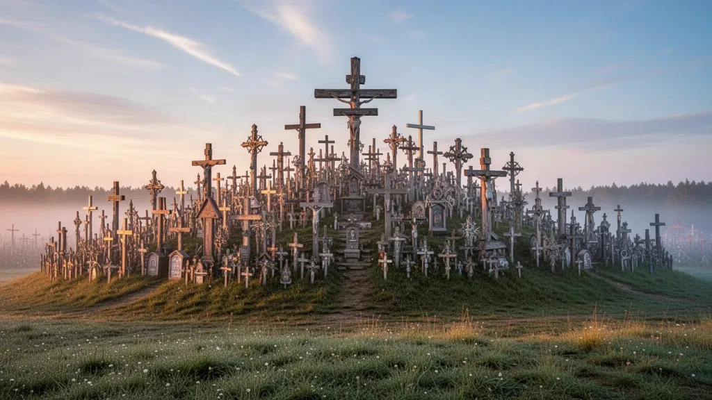 Miles de cruces cubriendo el montículo de peregrinación de la Colina de las Cruces cerca de Šiauliai, Lituania, con la cálida luz del amanecer y niebla matinal a la deriva