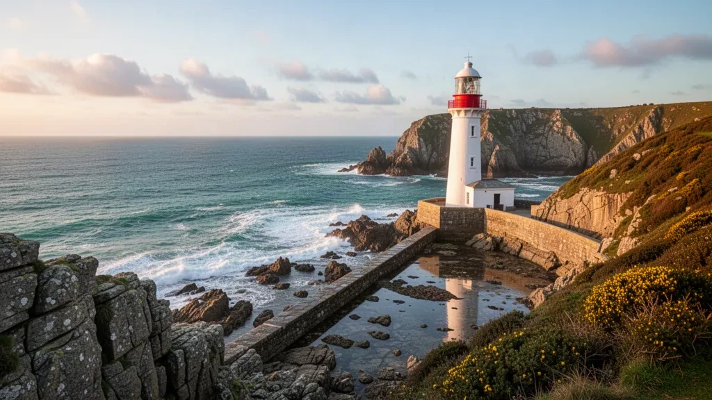 Le phare de La Corbière sur la côte rocheuse du sud-ouest de Jersey à l'heure dorée, avec les vagues de l'Atlantique, les falaises de granit et une chaussée mouillée