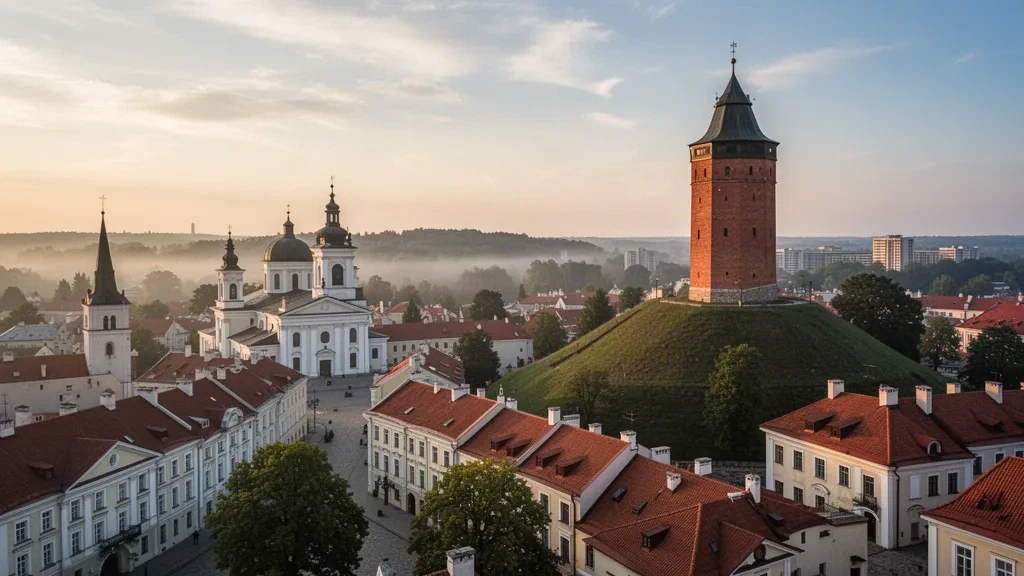 Vilnius Old Town rooftops with Gediminas Tower and Vilnius Cathedral in warm golden-hour light, Lithuania