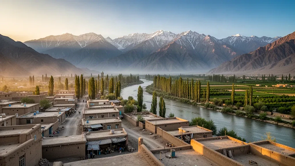 La città di Fayzabad nel Badakhshan, Afghanistan, con edifici bassi lungo il fiume Kokcha e le cime innevate dell'Hindu Kush sullo sfondo