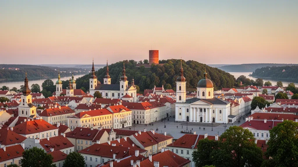 Vista panorámica durante la hora dorada del horizonte del casco antiguo de Vilna con la Torre de Gediminas y la Catedral de Vilna, Lituania