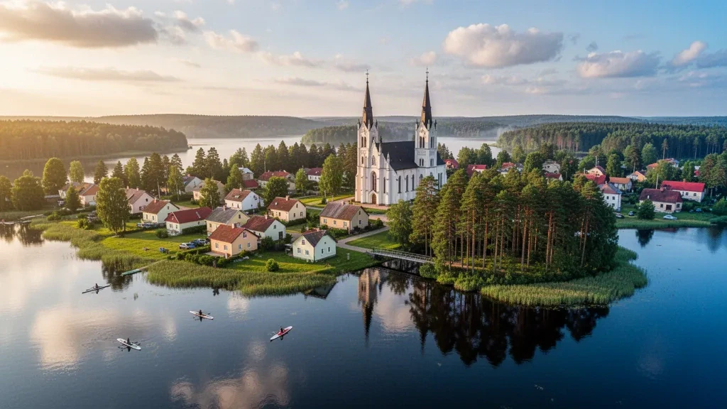 Neo-Gothic church and pine-fringed lakes of Zarasai, Lithuania seen from above on a clear summer afternoon