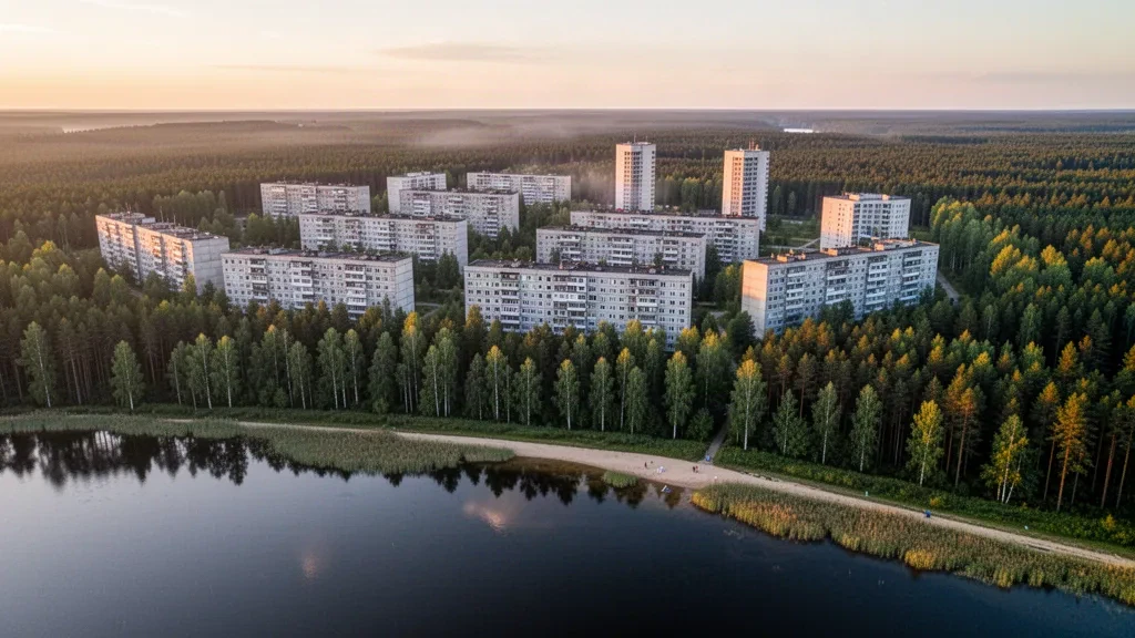 Vista de Visaginas, Lituania, durante la hora dorada, con bloques de apartamentos de la era soviética elevándose sobre el bosque de pinos y las tranquilas aguas del lago Visaginas