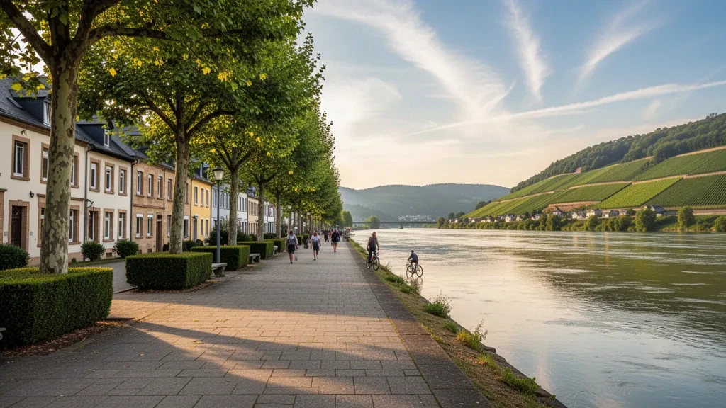 Vue à l'heure dorée de la promenade de la Moselle à Remich, au Luxembourg, bordée d'arbres, de maisons pastel et de vignobles sur la rive opposée