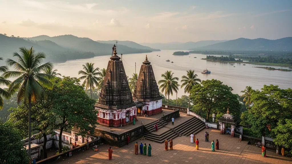 Tempio Kamakhya sulla collina di Nilachal con vista sul fiume Brahmaputra a Guwahati, Assam, all'ora dorata