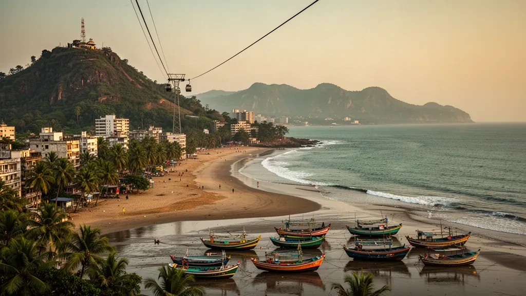 Veduta dell'ora d'oro sulla costa di Visakhapatnam in Andhra Pradesh, con la collina di Kailasagiri, la spiaggia bordata di palme e il Golfo del Bengala