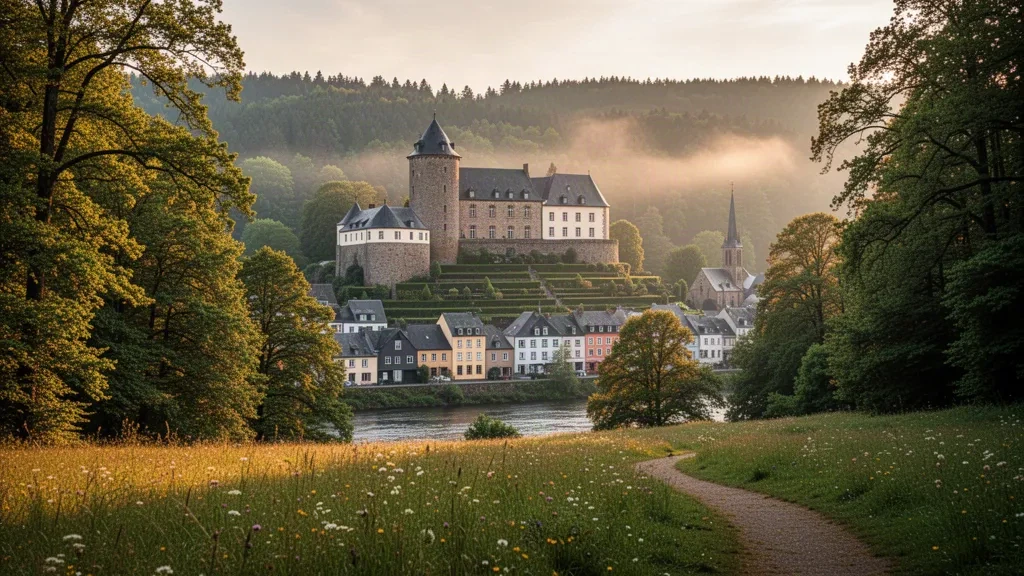 Il Castello di Wiltz che si erge sopra la valle boscosa di Wiltz nel nord del Lussemburgo nella calda luce del tardo pomeriggio