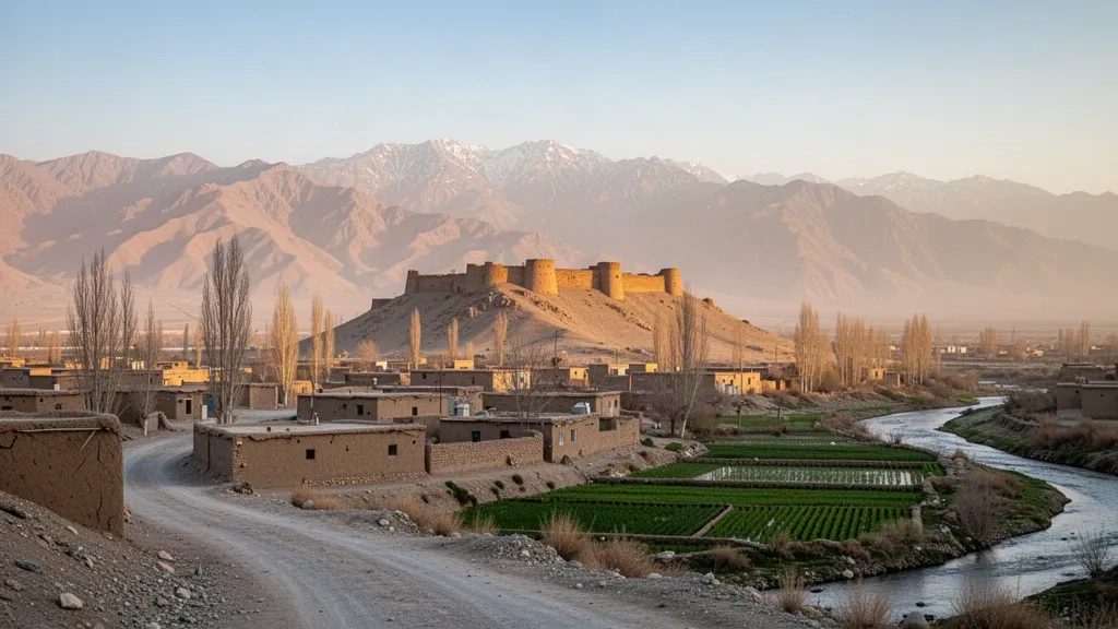 Tejados de adobe de Qala-e-Naw y montañas áridas de la provincia de Badghis, Afganistán, con luz cálida de finales de la tarde