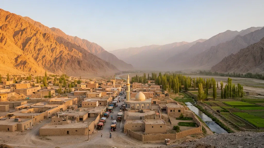 Vue à l'heure dorée sur Qala-e-Naw, capitale de la province de Badghis en Afghanistan, avec des toits en briques crues, un bazar animé et des montagnes escarpées au loin.