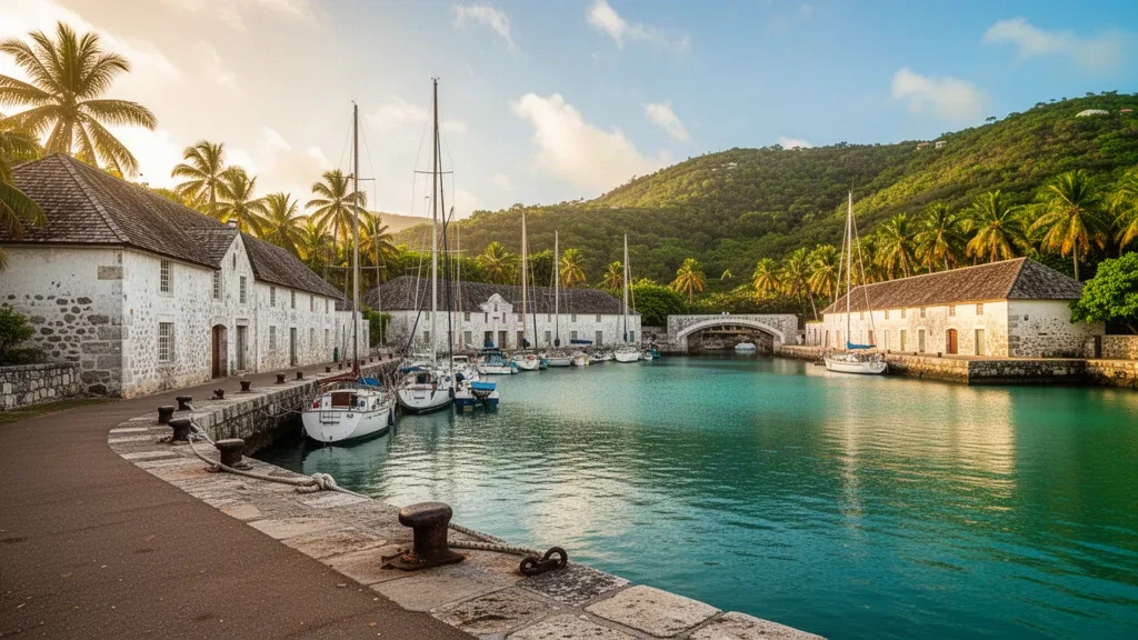 Historic Georgian dockyard buildings and moored sailboats at Nelson's Dockyard in English Harbour, Antigua, in warm Caribbean afternoon light.